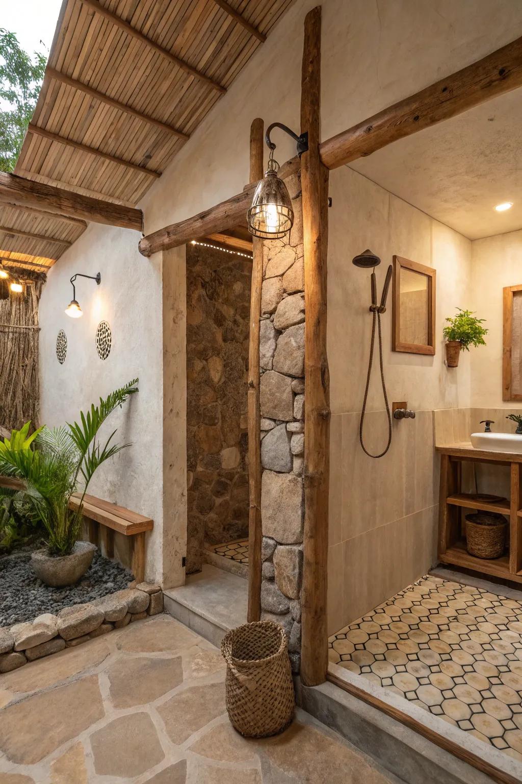 Describing a shower design colored with neutral and earthly color schemes that conjure a tranquil and serene ambiance.