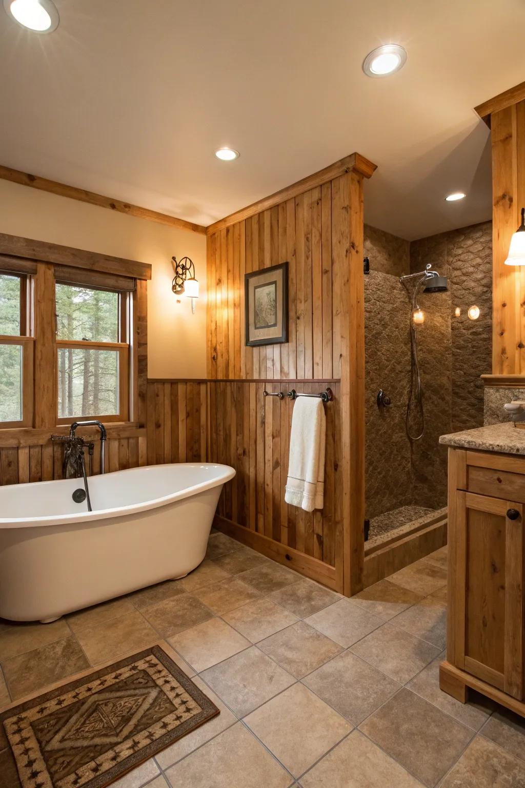 A bathroom enhanced with rustic wainscoting to create a spa-like atmosphere.