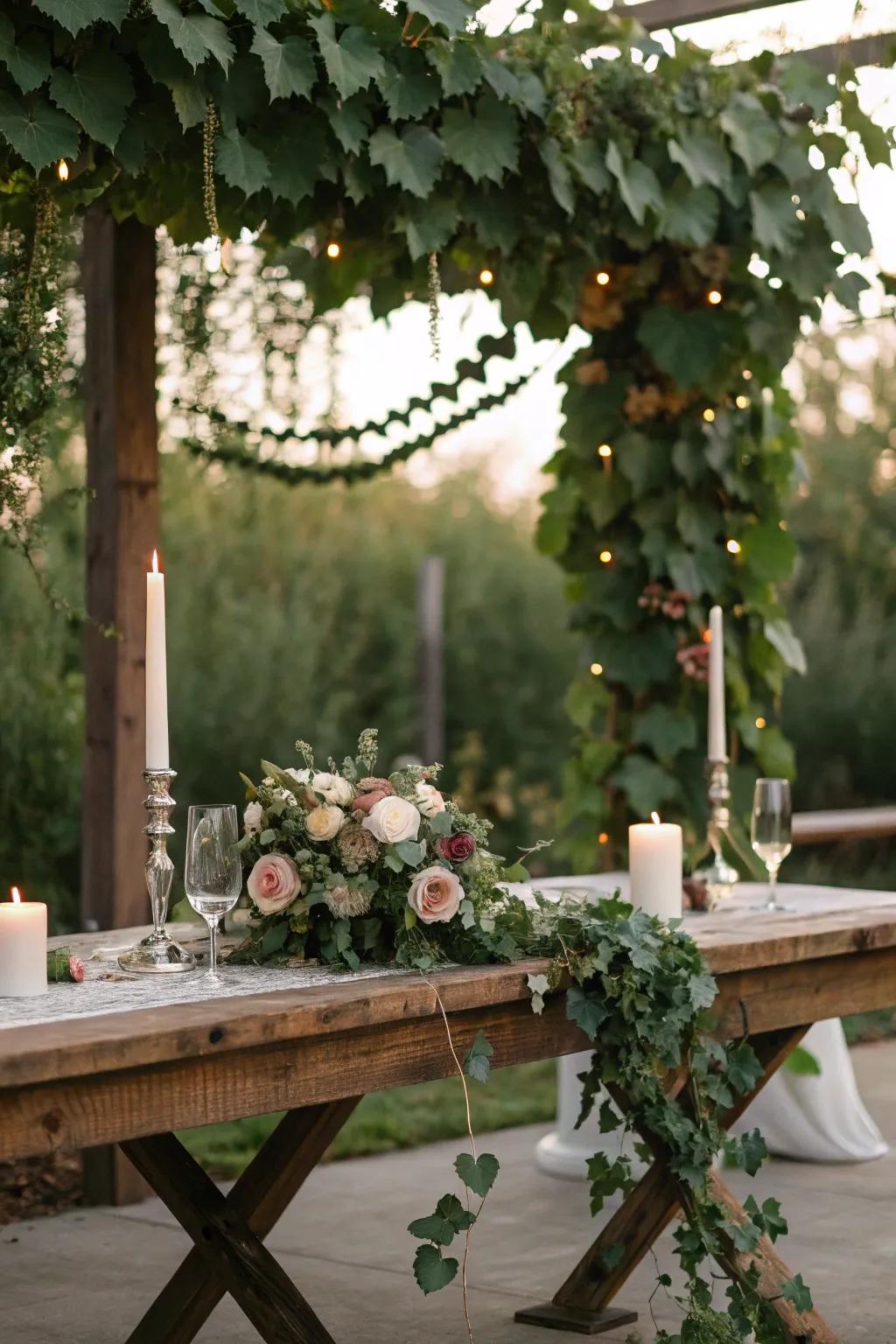 A vibrant foliage feature establishing the ambiance for a countryside wedding.