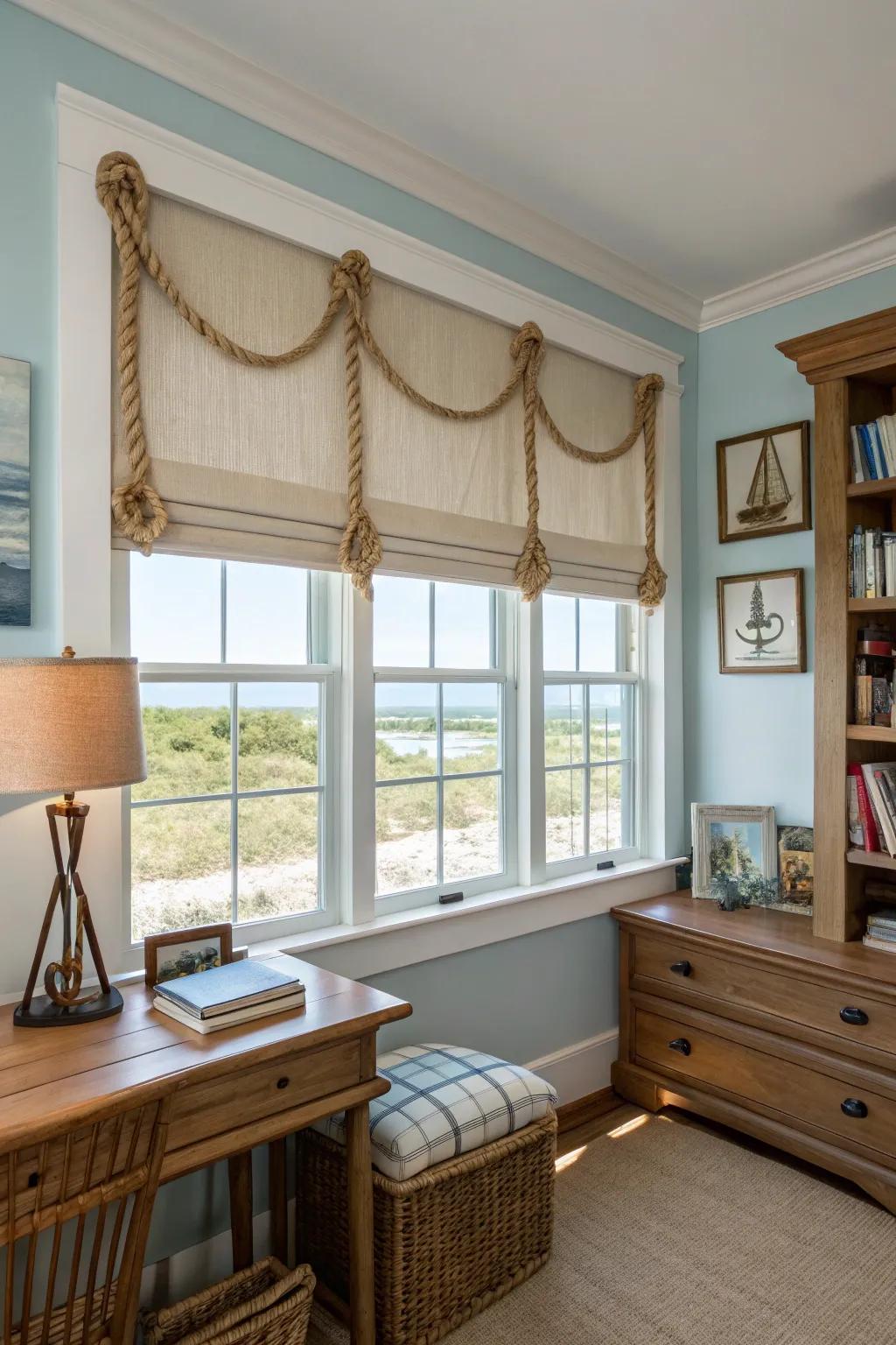 A coastal-themed study featuring a rustic valance with rope accents, adding a nautical vibe.