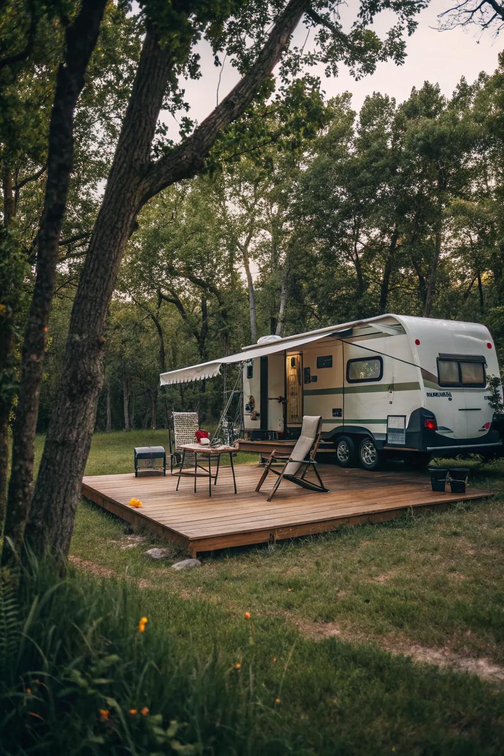 A patio deck provides stability and style to your campsite.