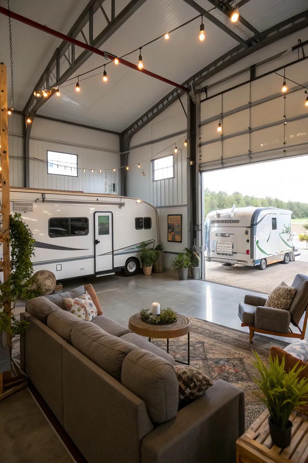 A cozy mezzanine in an RV garage set above the storage area.