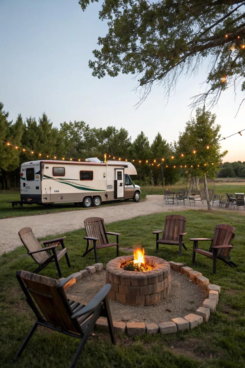 A fire pit provides warmth and a gathering point.