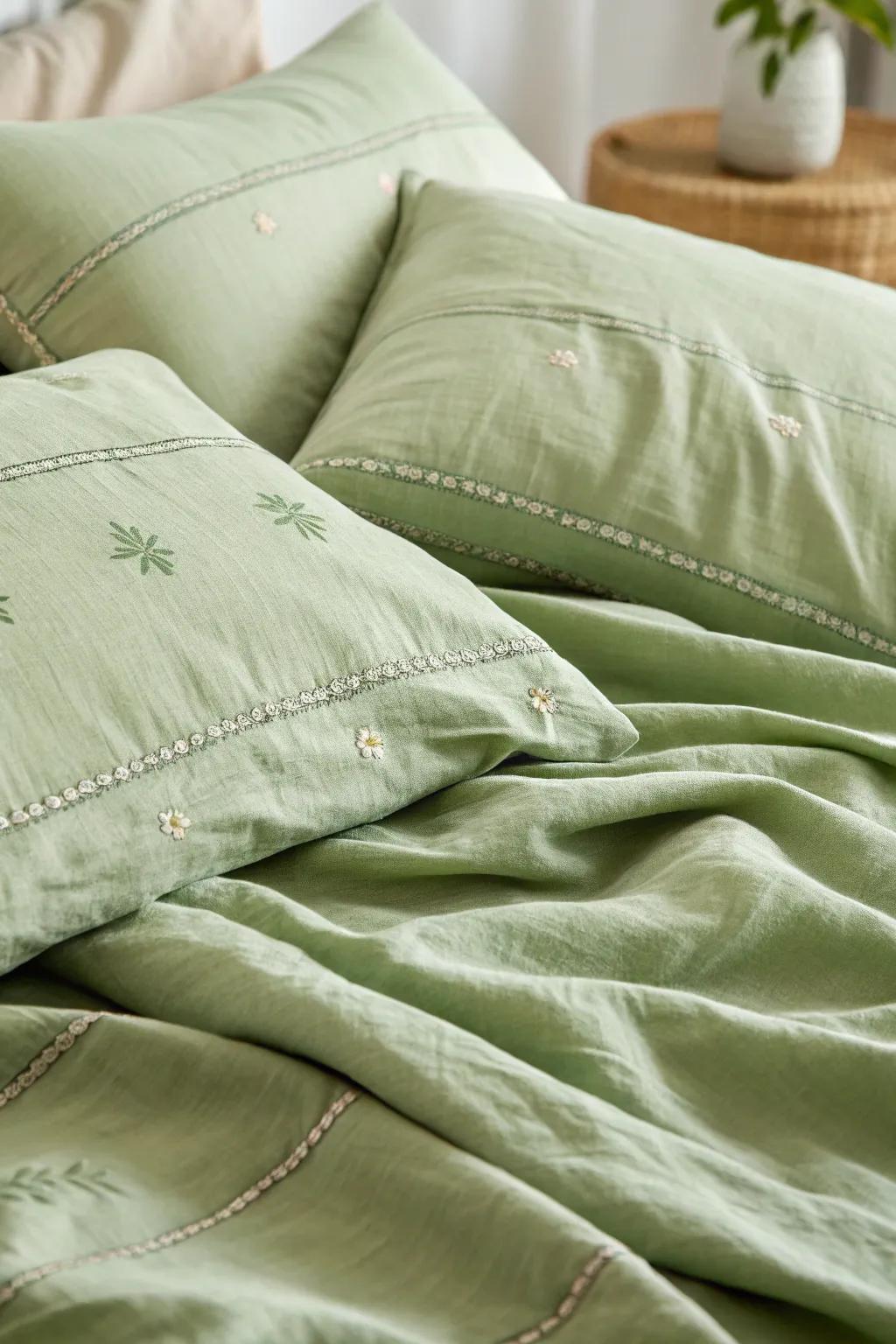 Design a relaxing retreat with soft green textures.