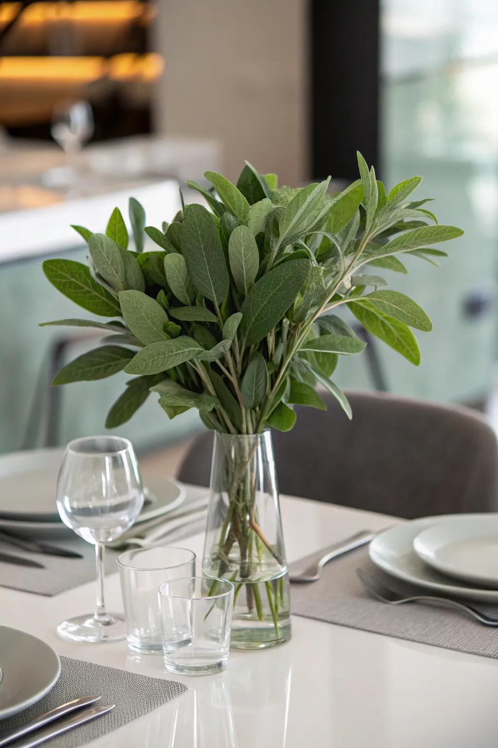 Simple elegance achieved with glass and soft green leaves.