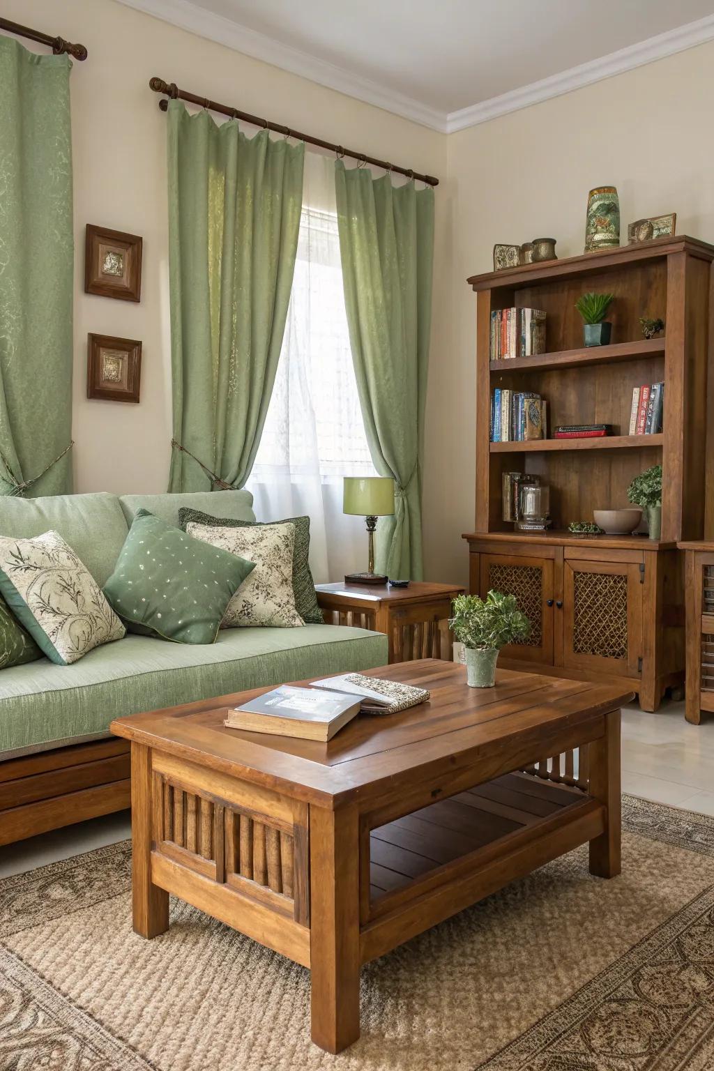 Wooden decorations enhance the warmth of a sage green living room.