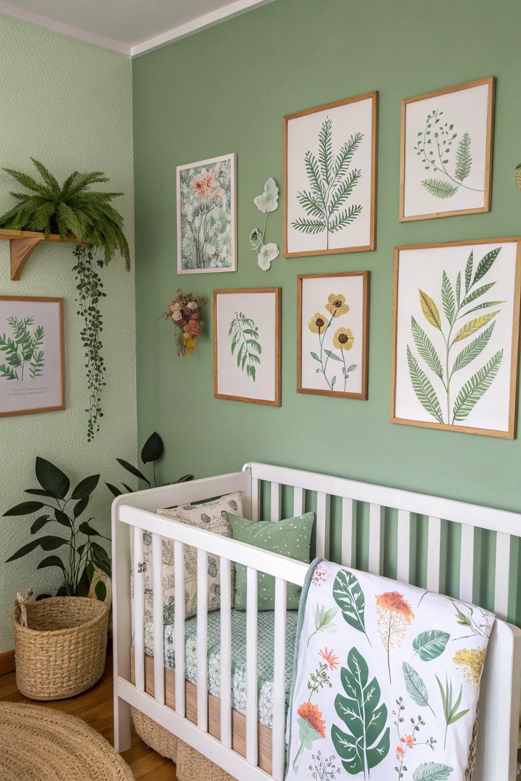 Nature-themed wall art enhances the soothing style of a sage green nursery.