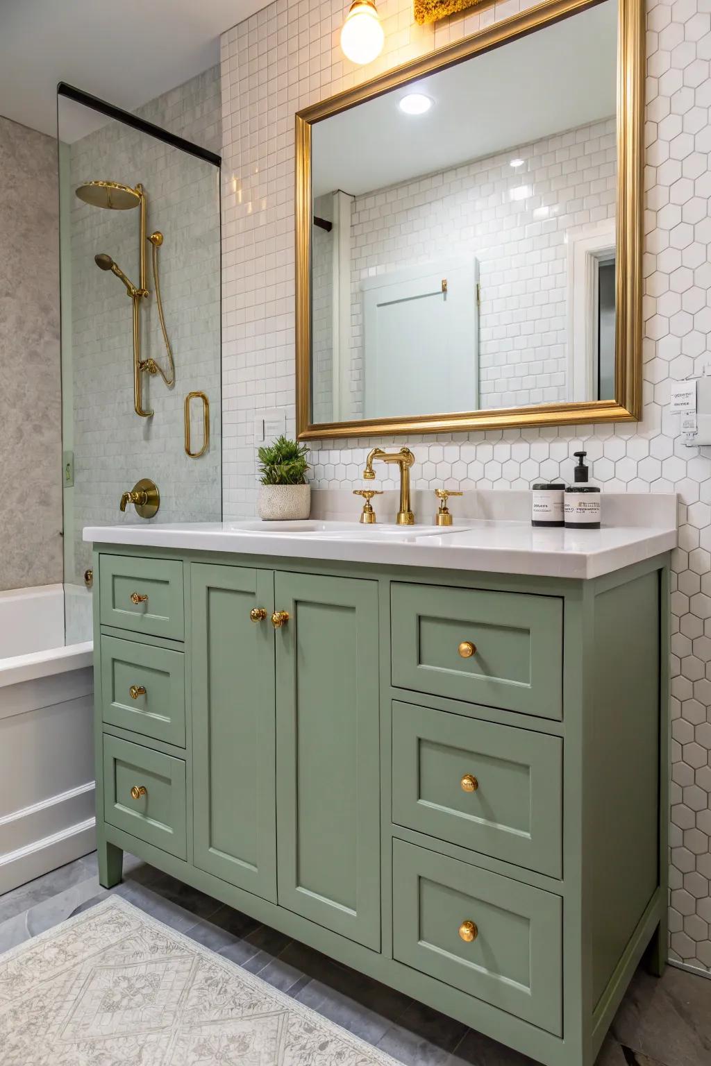 A stylish bathroom showcasing a sage green vanity enhanced by brass fixtures.