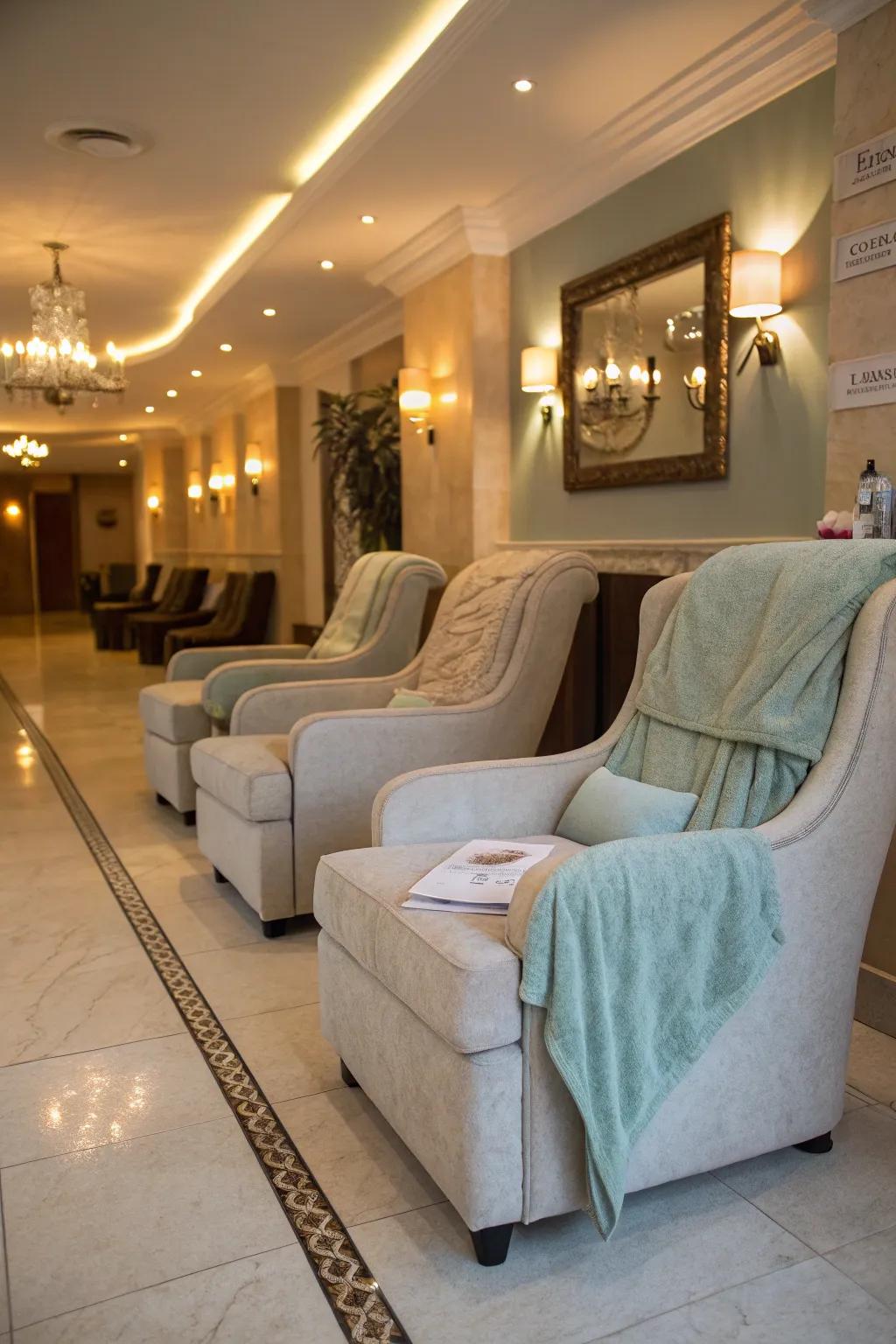 A salon entry providing comfortable lounge seating for clients.
