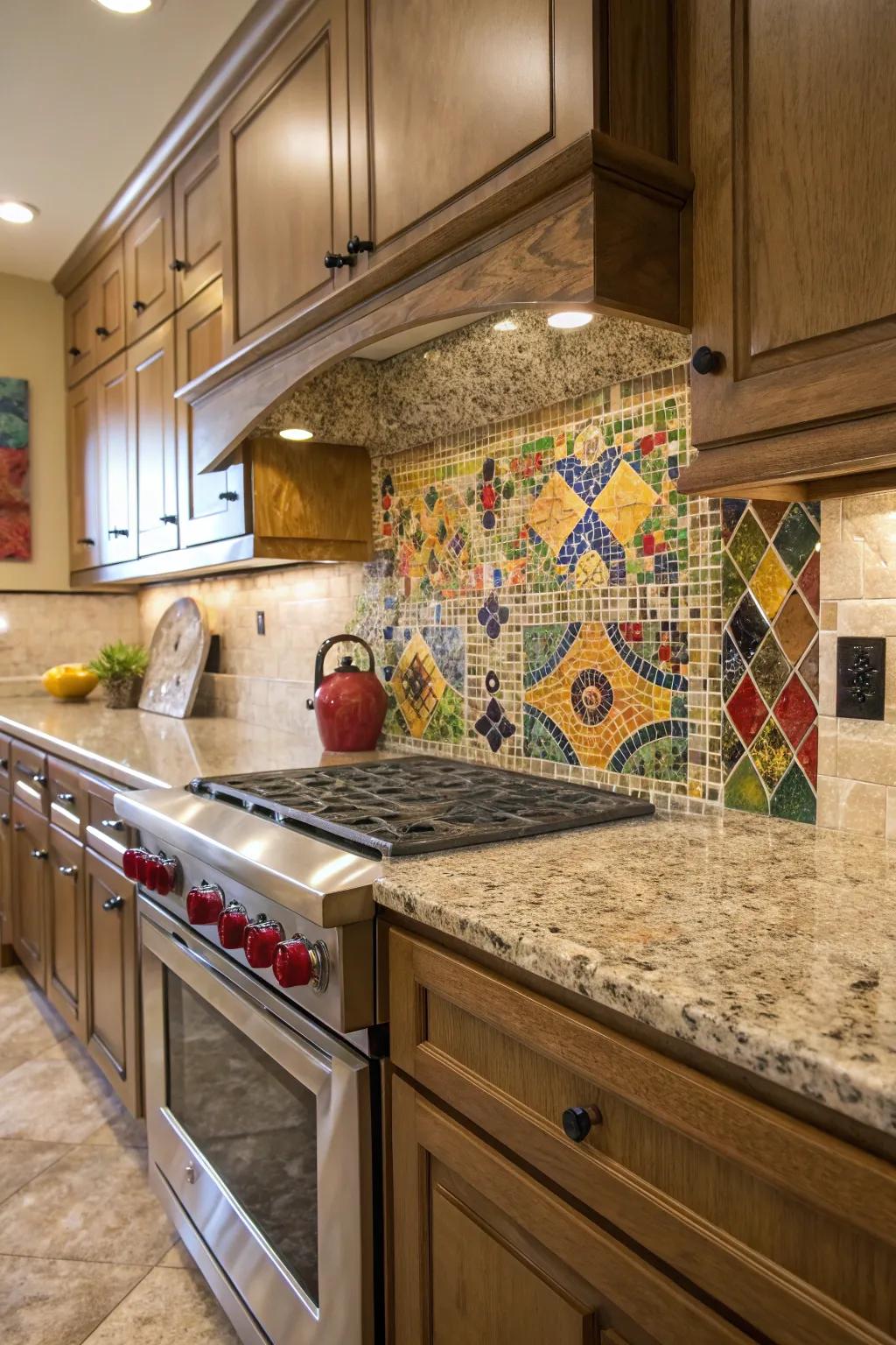 Mosaic tiles introduce a creative element to Sierra Gold stone’s elegance.