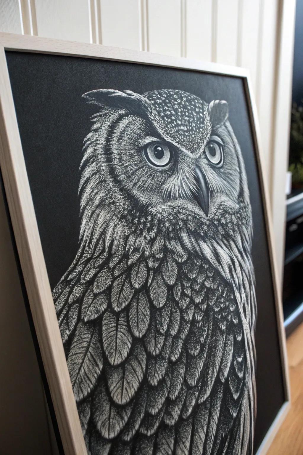 Uncover the mysterious appeal of falcons through intricately detailed scratchboard art, where skill meets natural splendor.