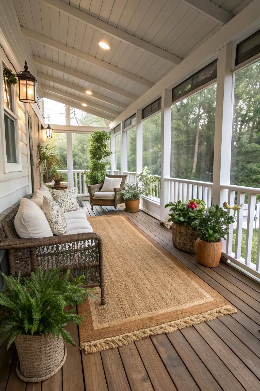 The porch gains texture and warmth from a natural fiber rug.