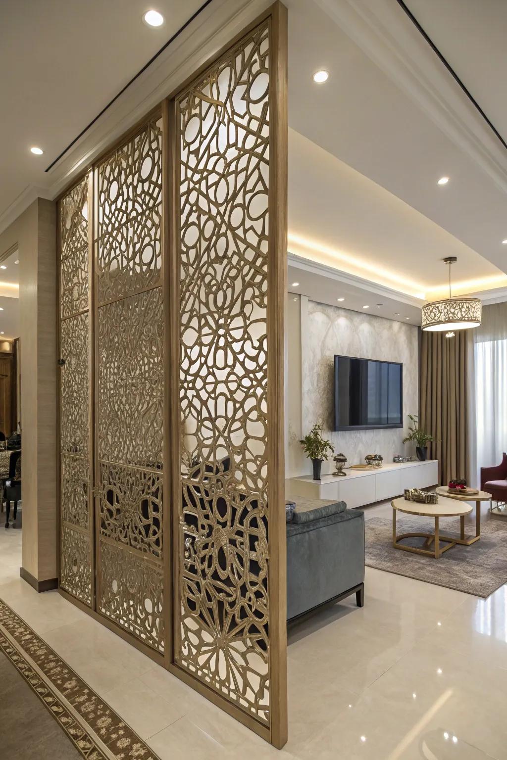 Elaborate die-cut motifs embellish this ornamental panel screen wall.