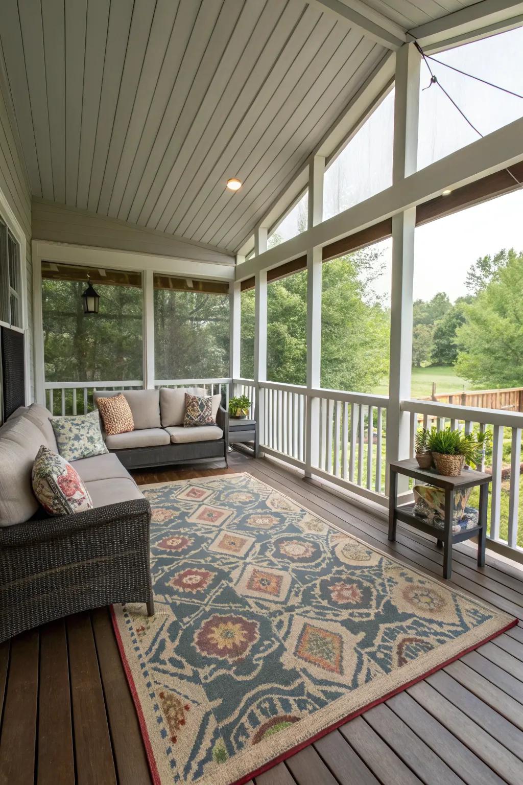A carpet defines and warms up the porch.
