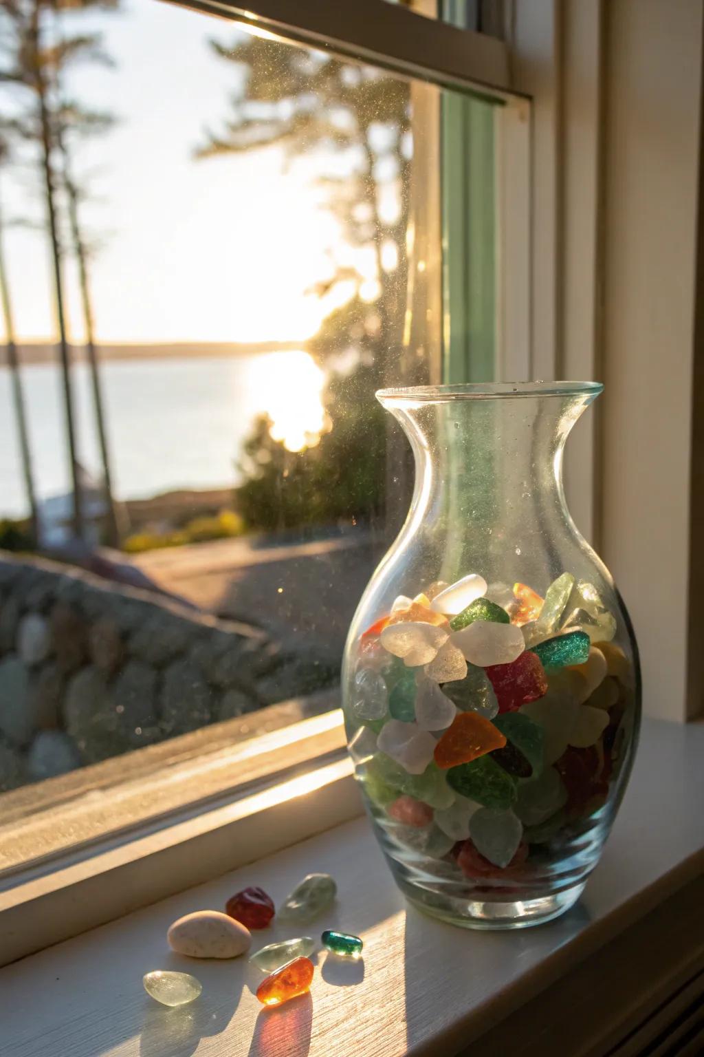 Sea glass-adorned vases bring seaside charm to decor.