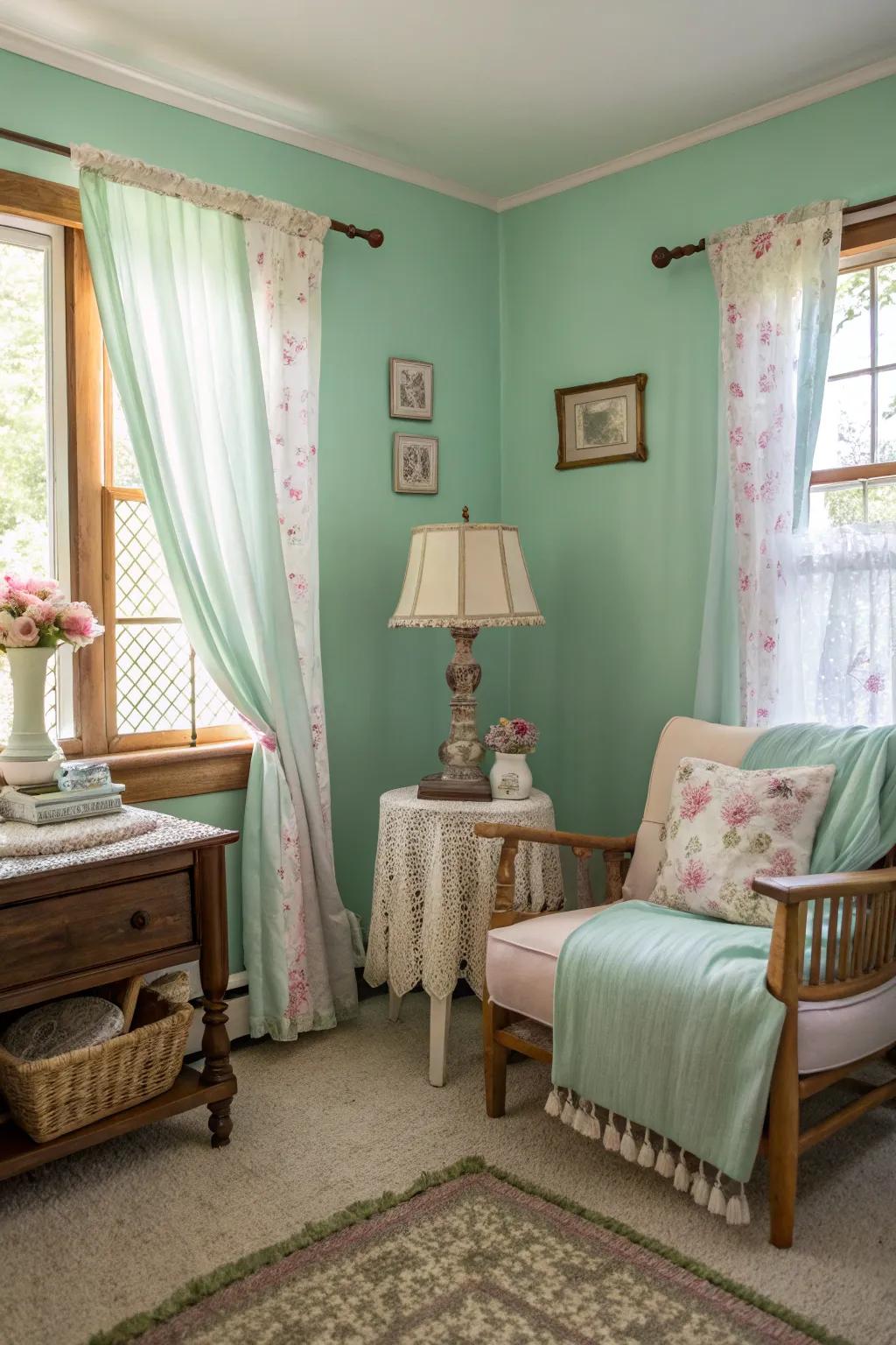 A classic-era inspired room exhibits enchanting seafoam green walls.