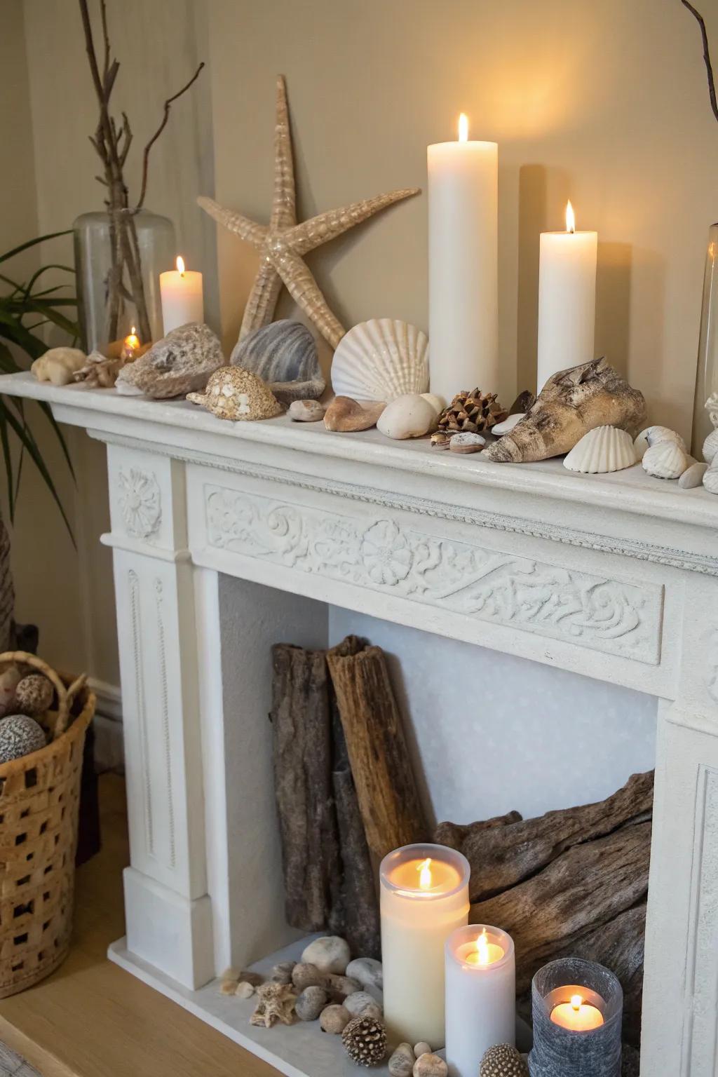 Seashells contribute a hint of coastal elegance to a beautifully styled mantel.