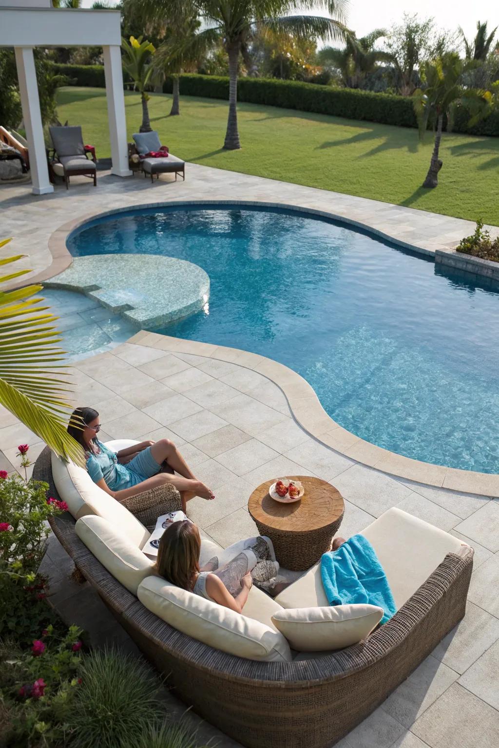 A semi inground pool with a relaxing seating area for unwinding.