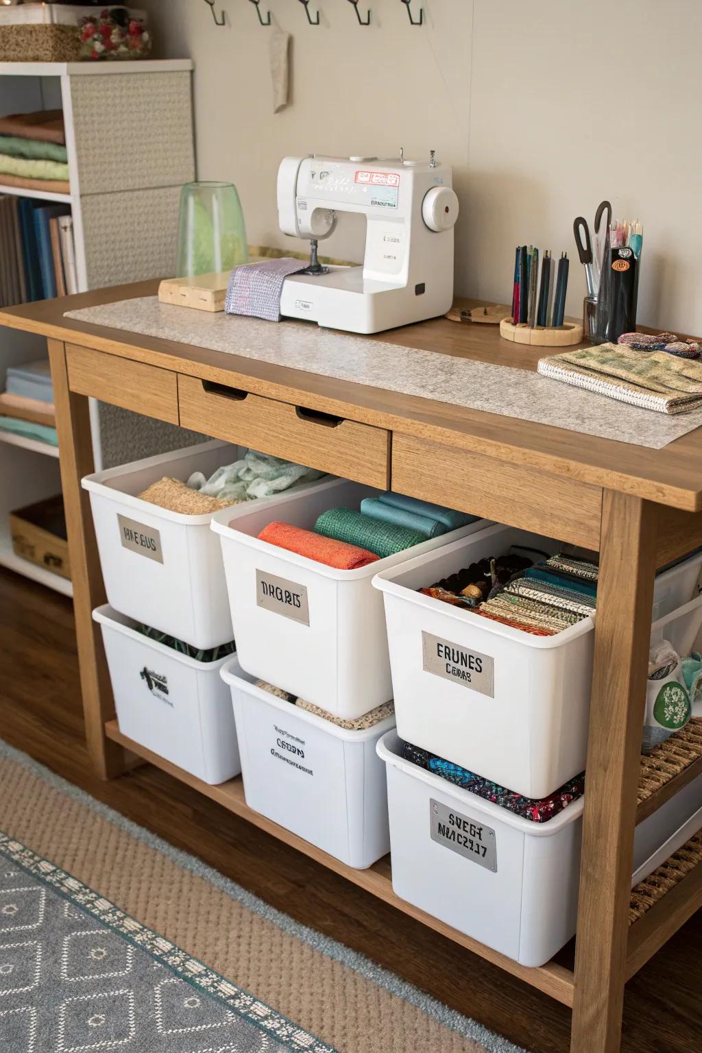 Under-table storage maintains a tidy workspace.