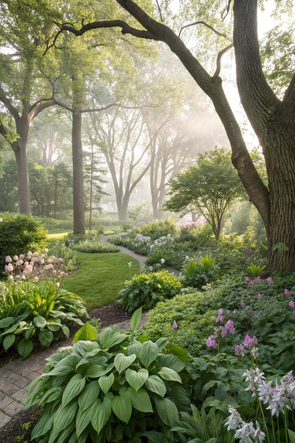 A shade garden merging into a natural wooded environment.