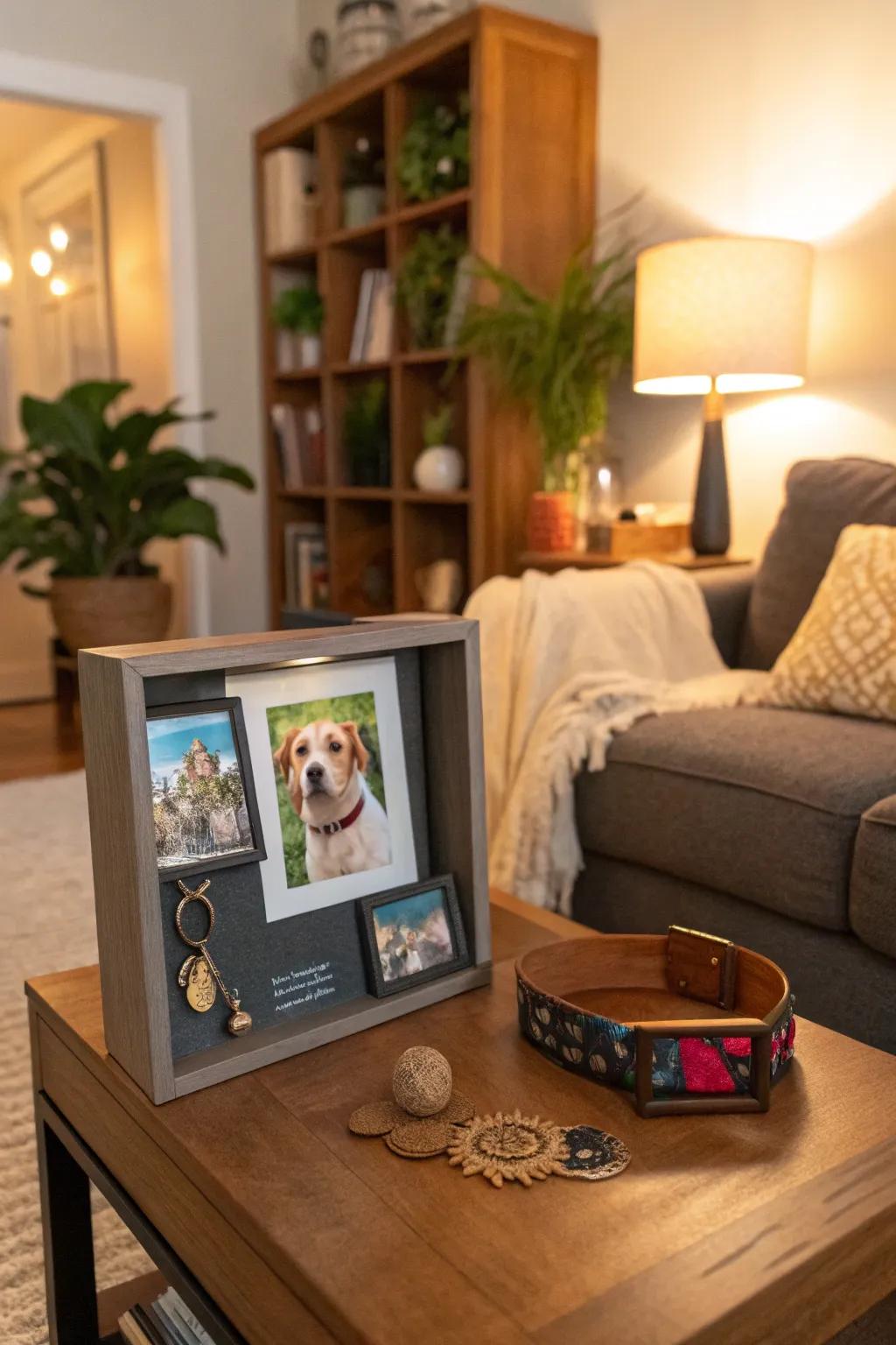 A pet remembrance display celebrating a beloved furry friend.