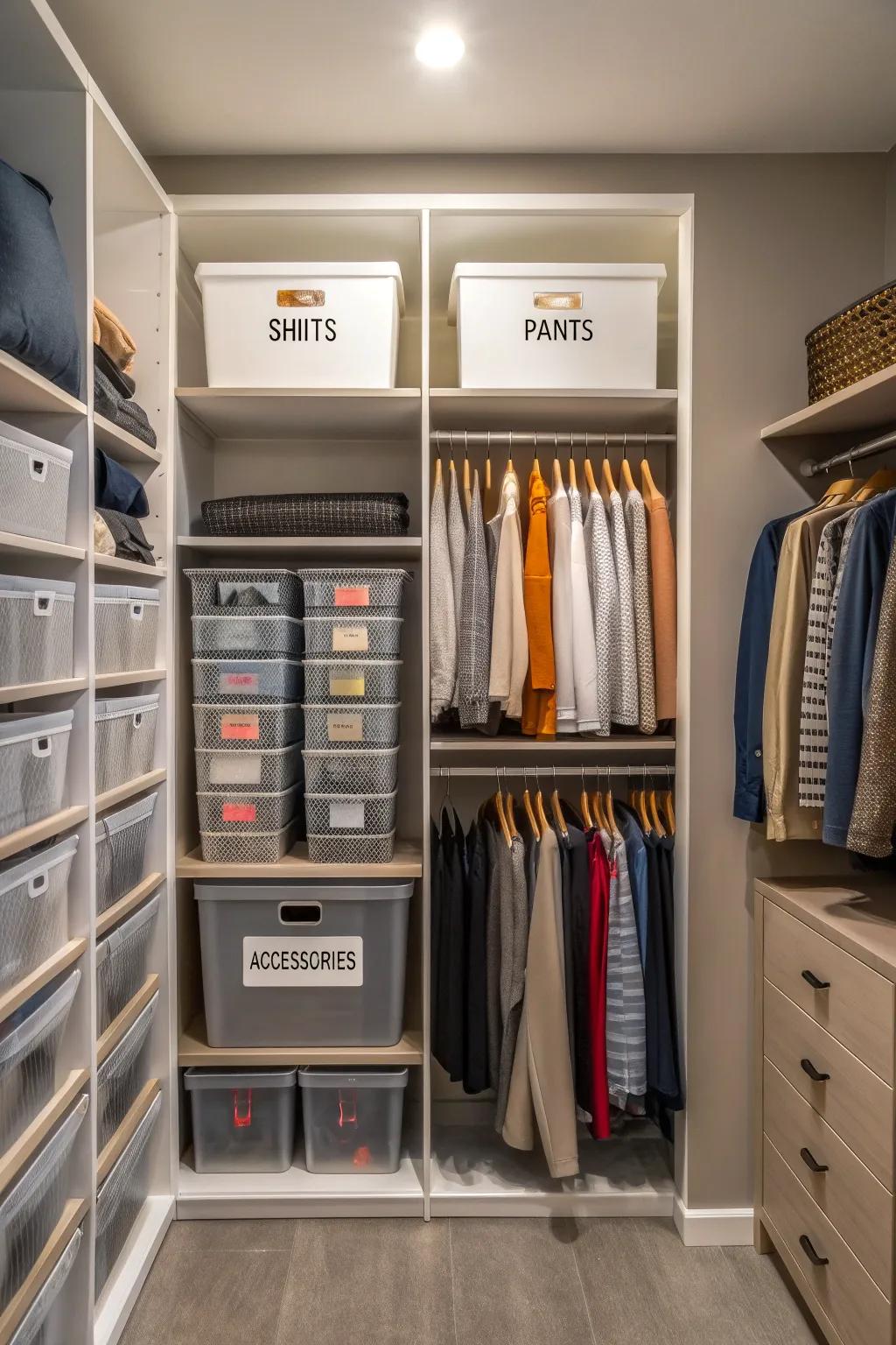 A closet with distinctly labeled sections and containers for organized storage.