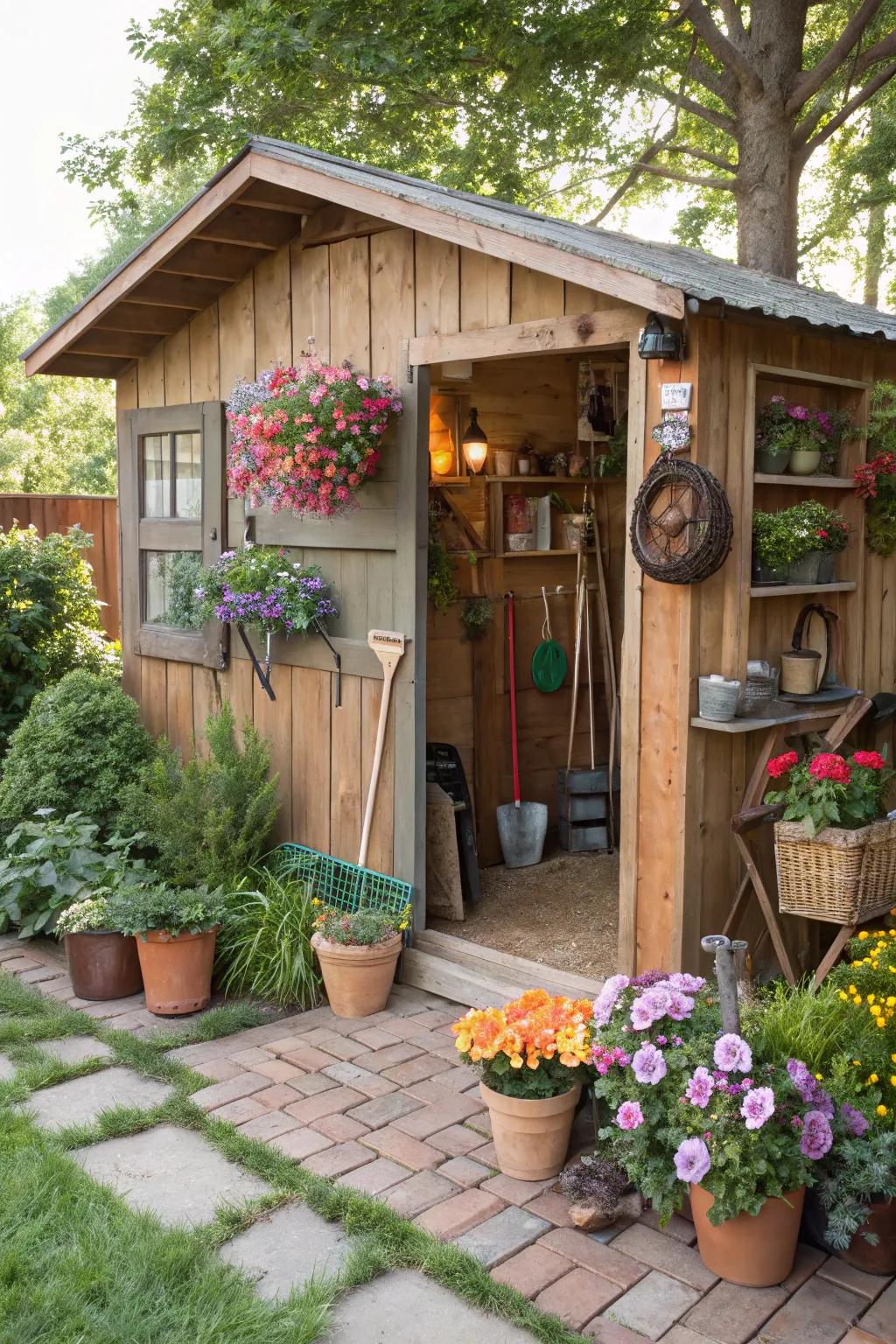 A horticulturalist's utopia featuring flora and tools as design components in a shed.