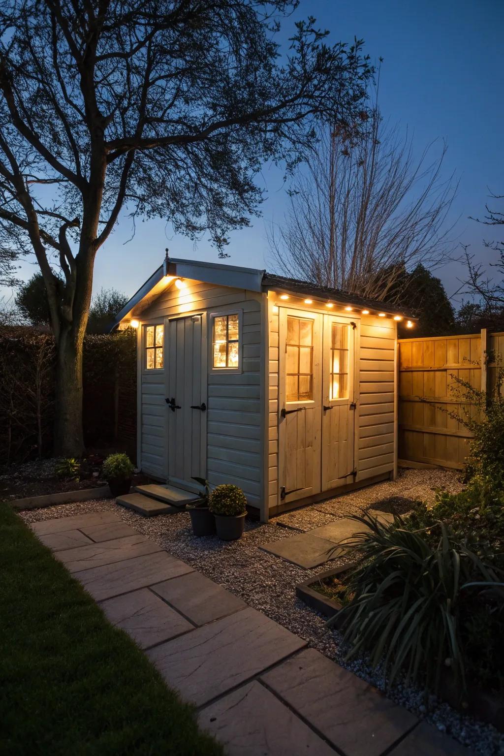 Motion sensor lights brighten the shed, discouraging potential intruders.