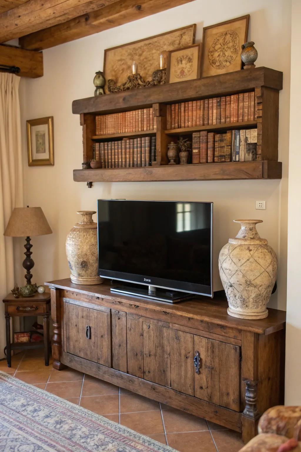 Repurposed wood introduces earthy appeal above the TV.