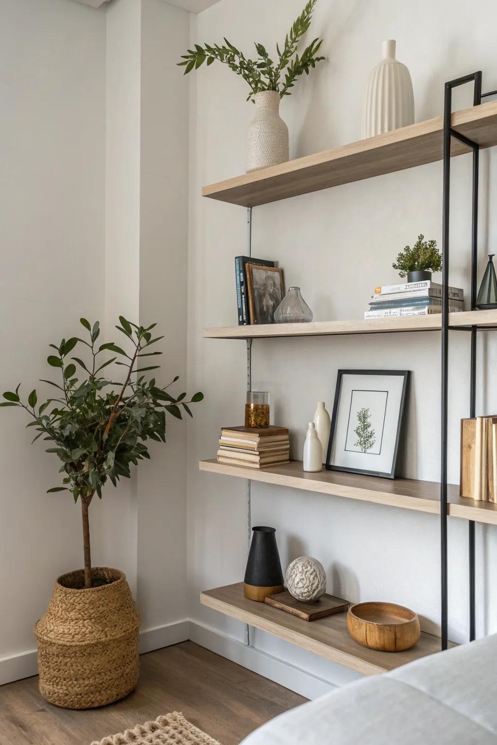 Minimalist décor results in a peaceful and tidy shelf.