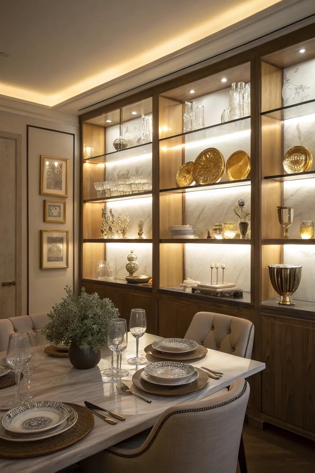 Integrated lights enhance the display on dining room shelves.