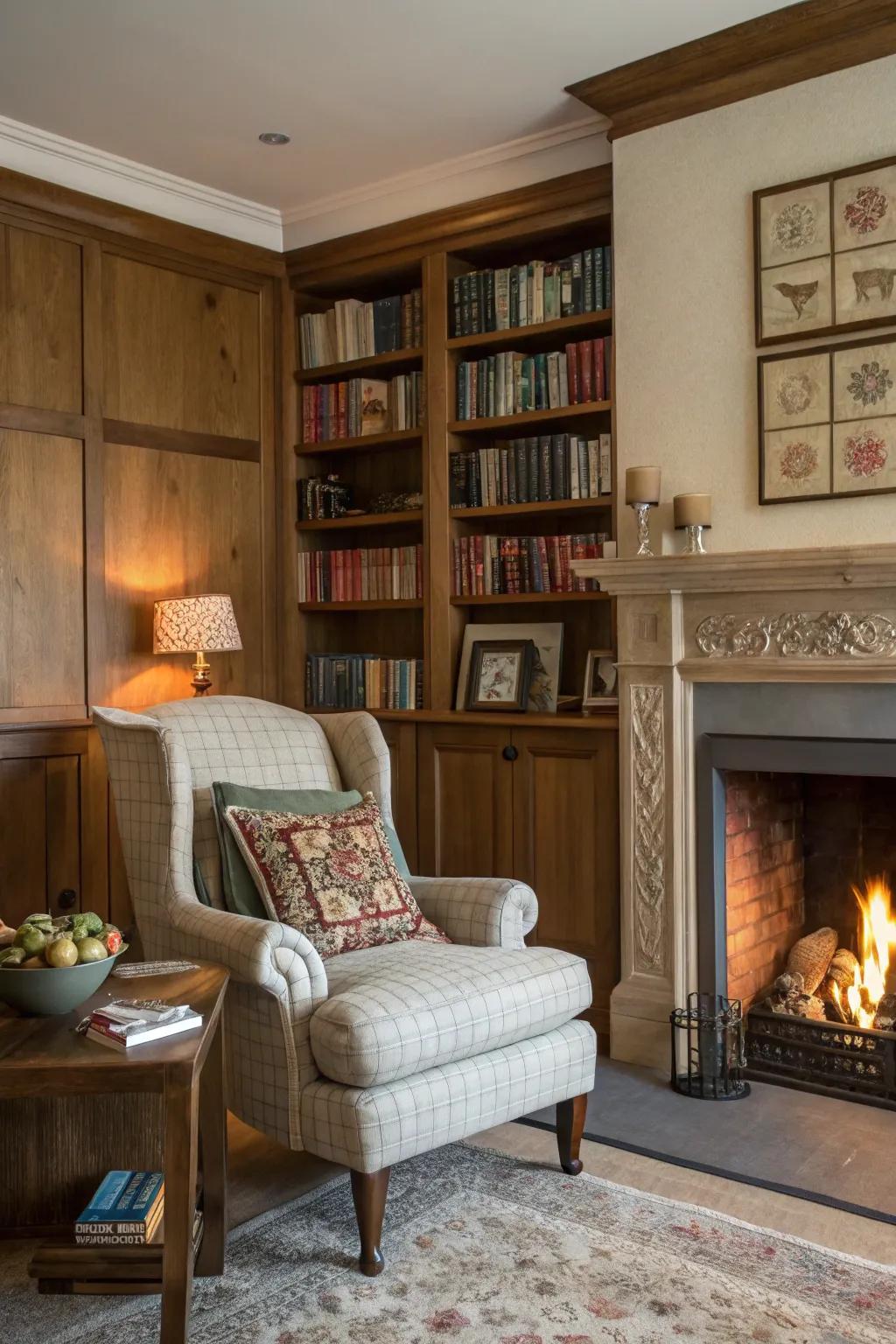 An inviting literary corner by the fireplace inspires relaxation.
