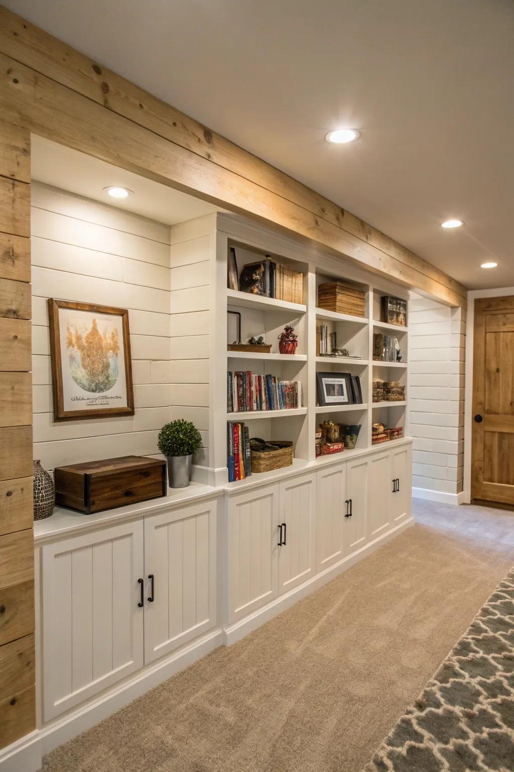 A groove feature wall with fixed shelves improves this basement.