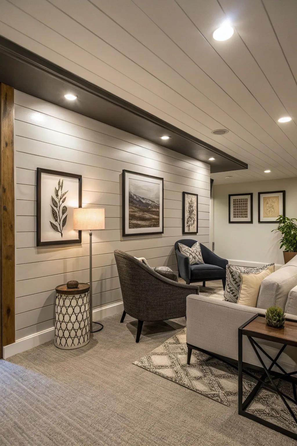 A striking shiplap feature wall that adds texture.