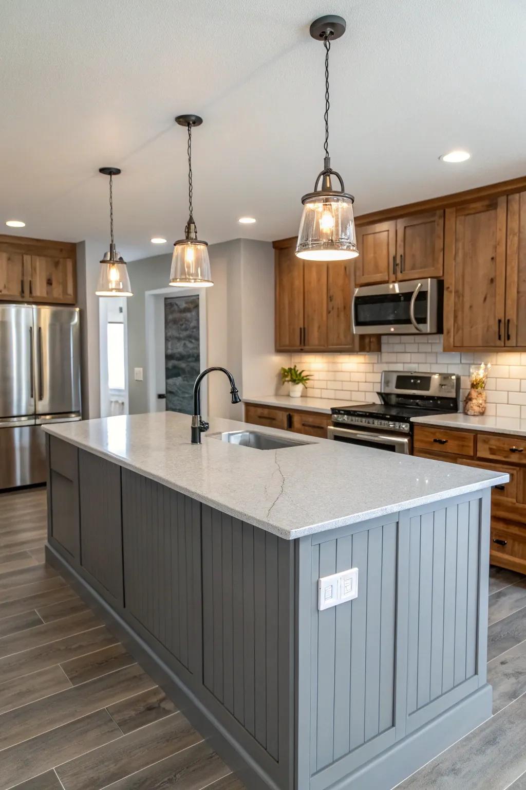 Refined gray horizontal panels matched with sleek quartz countertops.