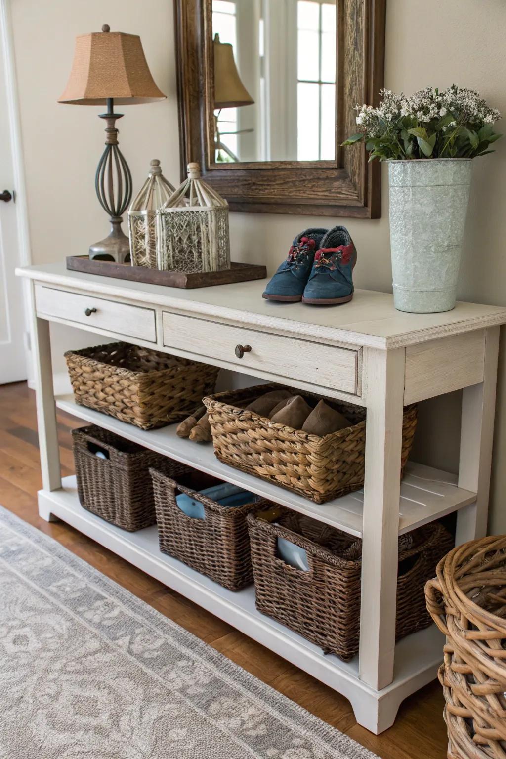 Entry tables paired with baskets underneath seamlessly merge storage with design.