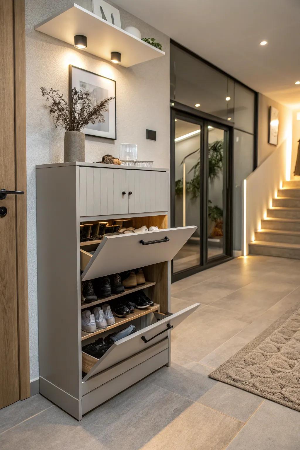 Shoe cabinet with drawers providing concealed storage solutions.