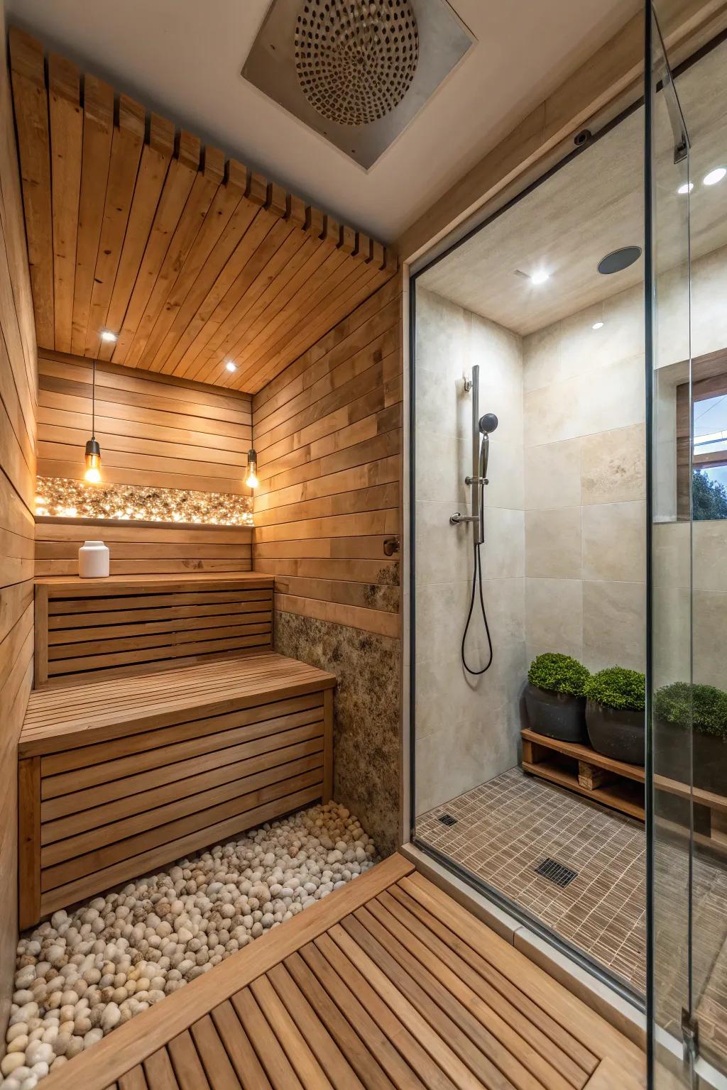 Bring warmth into your shower with wood or wood-like materials.
