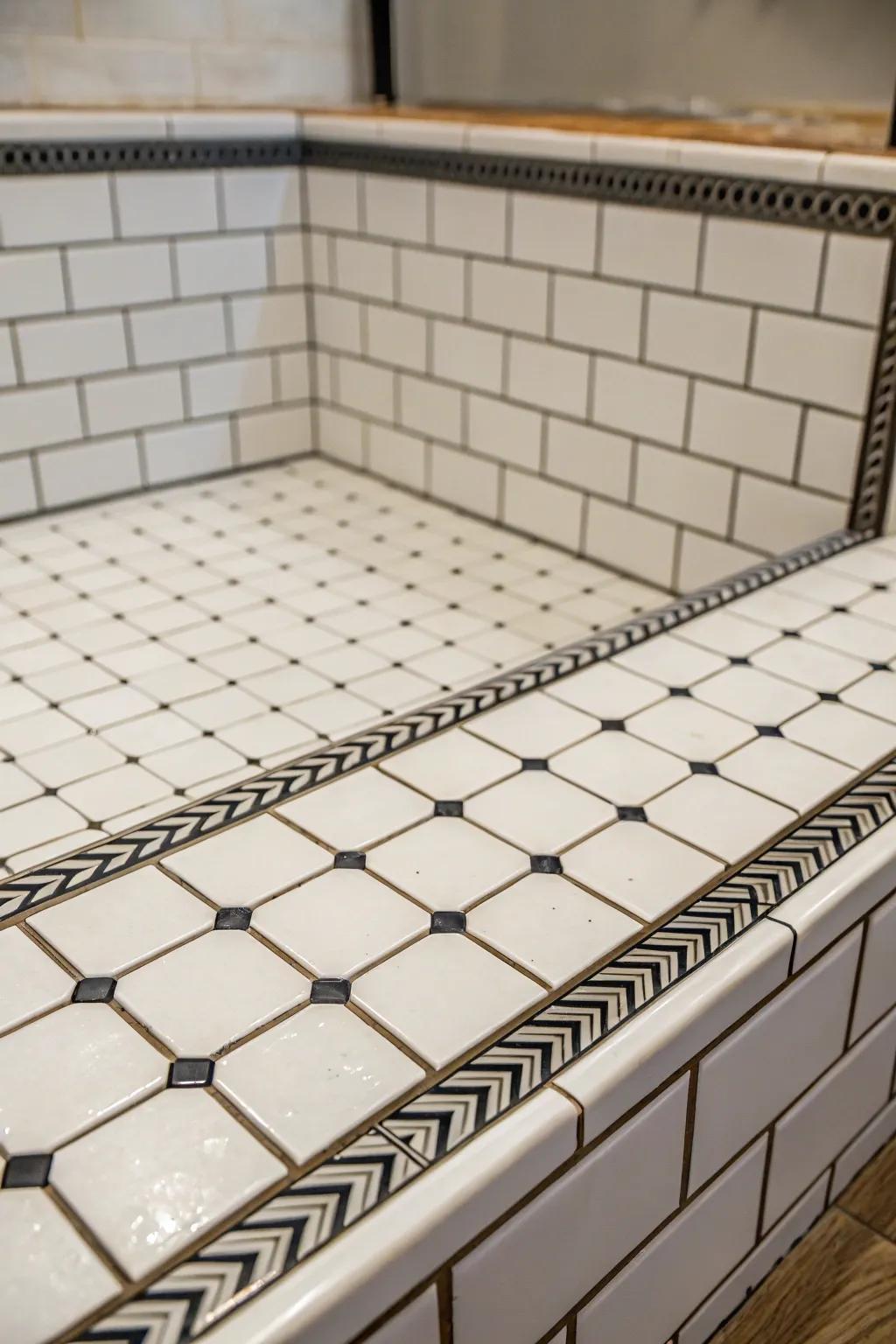 White tiles with dark contrasting grout lines create a striking impression on this shower base.