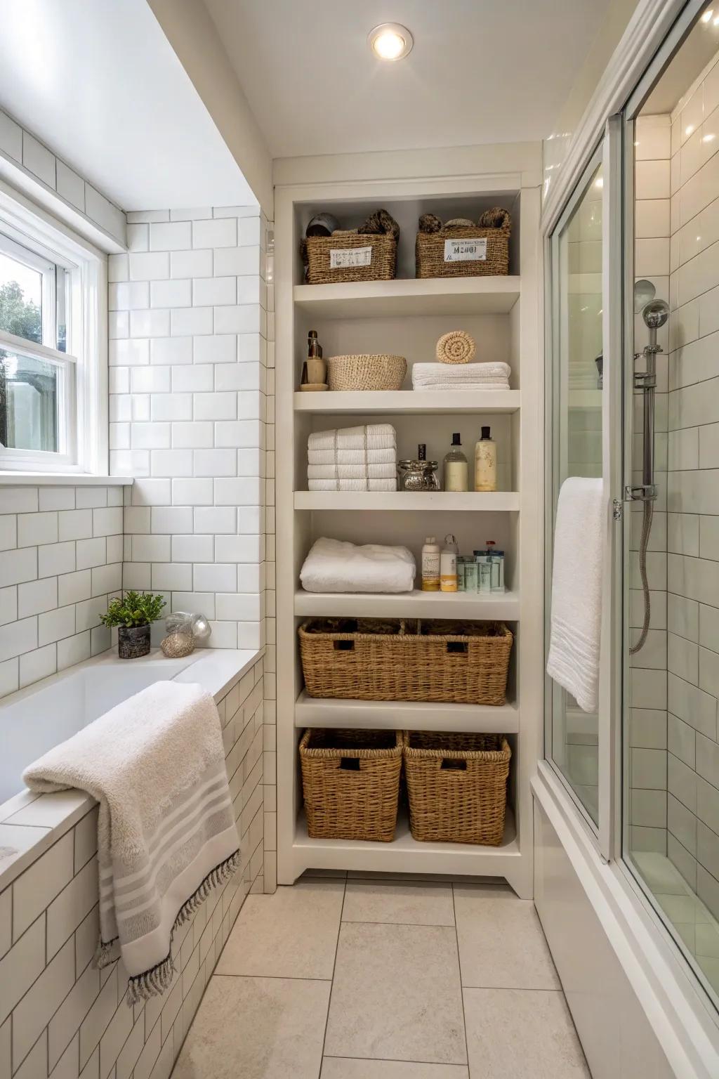 A shower room with creative storage options for a neat and tidy space.
