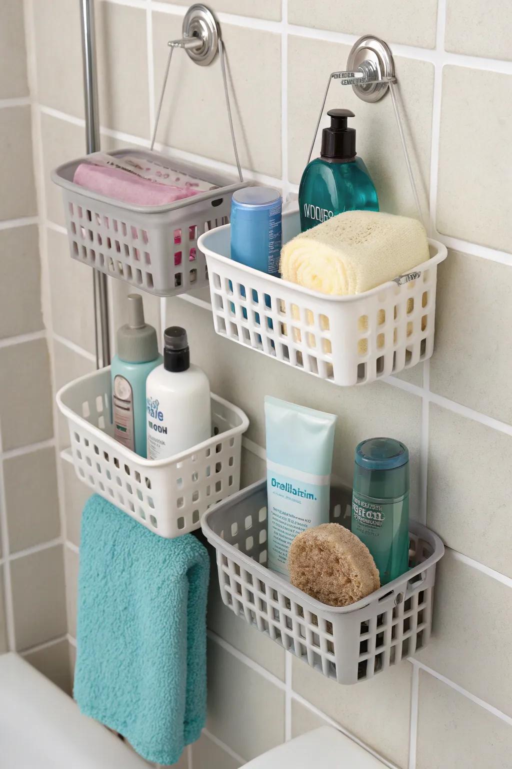 Adhesive cup baskets provide adaptable storage without requiring permanent fixtures.