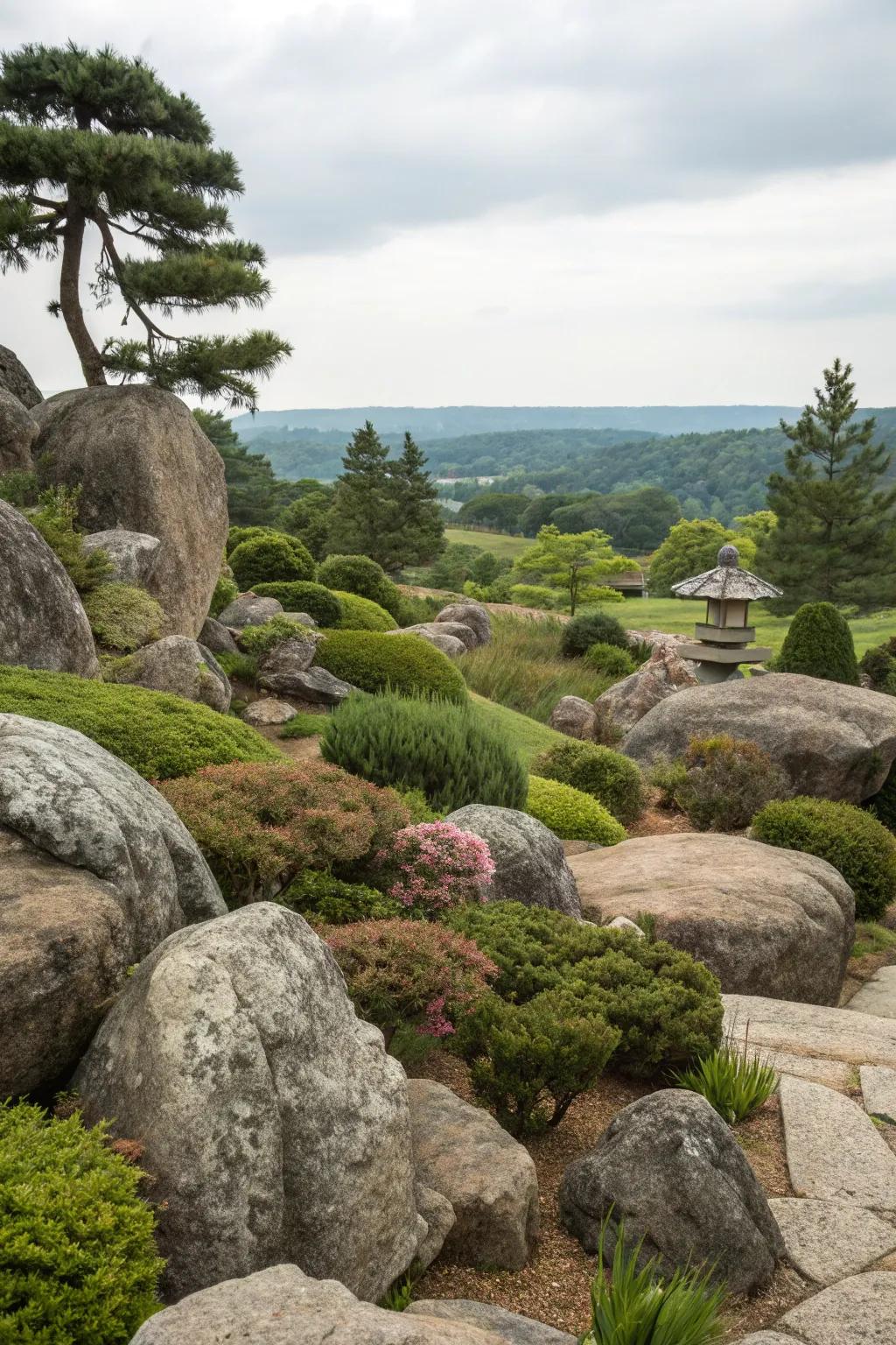 A harmonious rock garden showcasing boulders and diverse shrubs for enhanced texture.