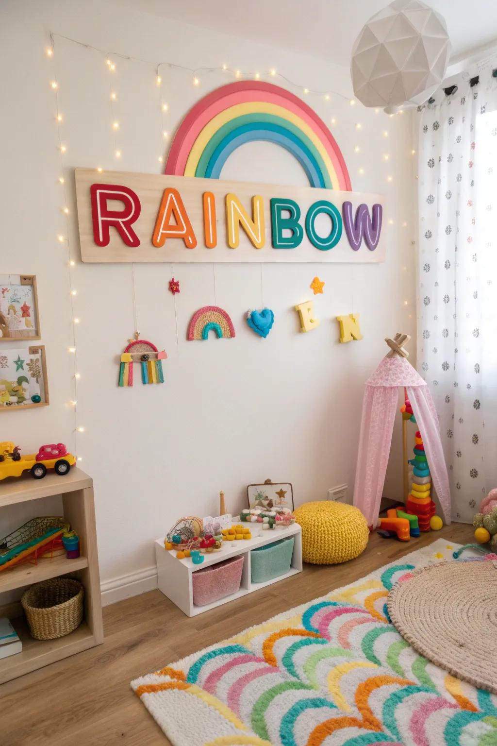 A children's play area featuring a playful rainbow board on the wall.
