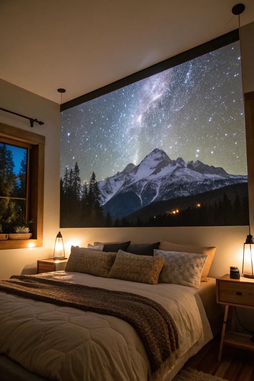 Mountain silhouette art provides a bedroom a sense of vastness.