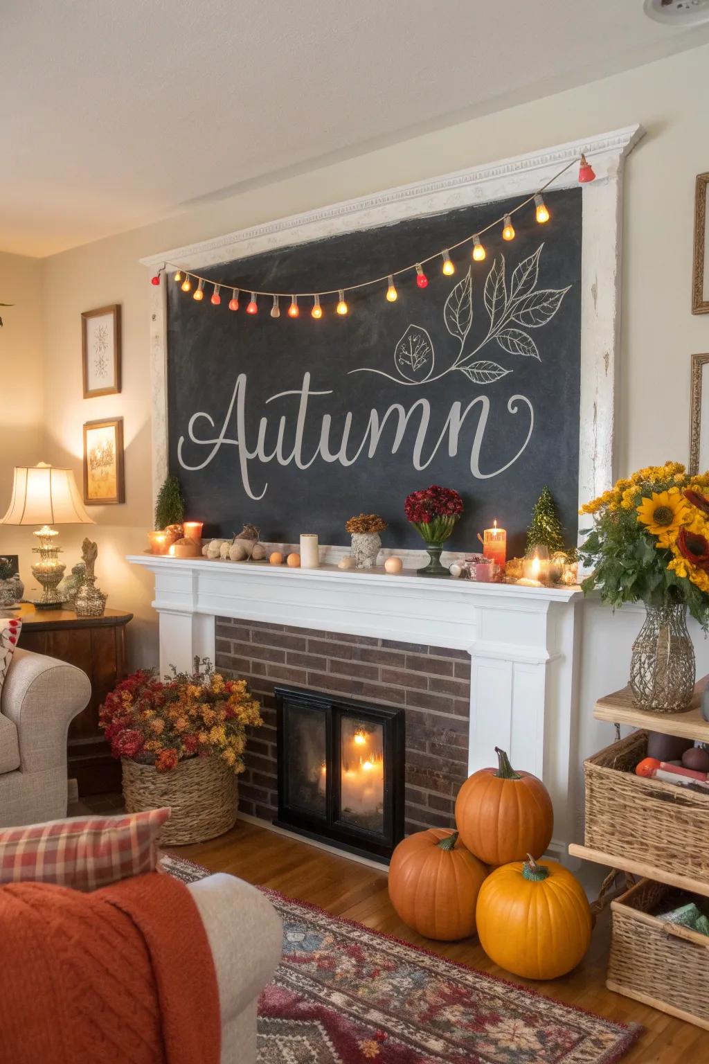 Living room chalkboard with an autumn-themed quote.