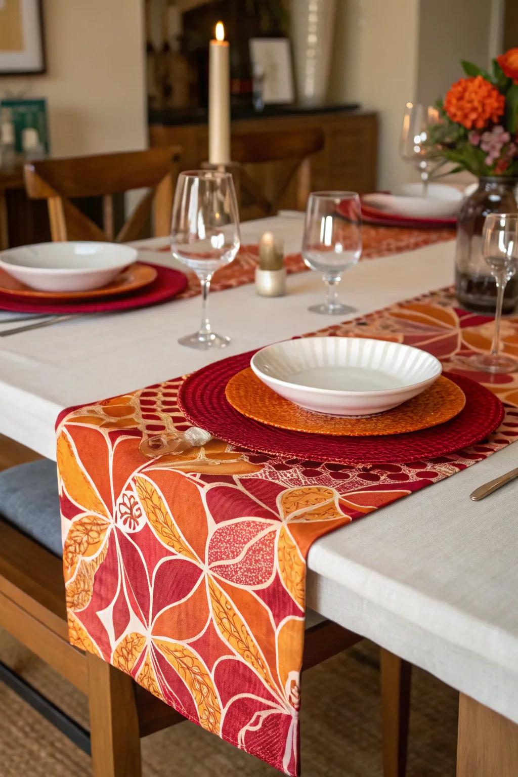 A colorful table runner adds a fresh pop of color.