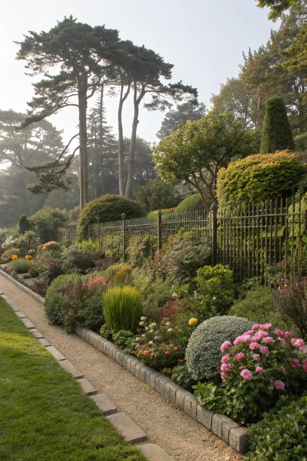 Tiered plantings contribute depth and dimension to straightforward fences.