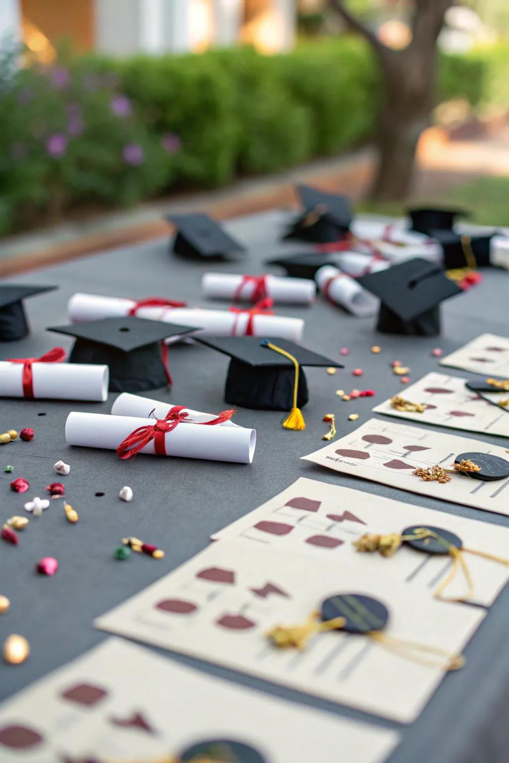 Diminutive emblems commemorating the graduate's triumph.