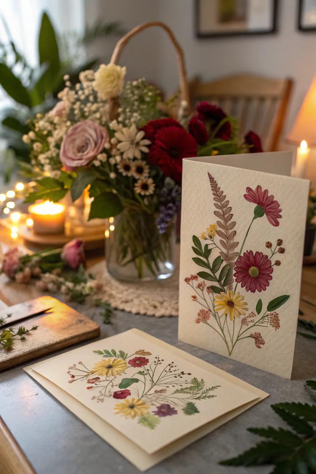 A romantic card adorned with delicate pressed flowers.