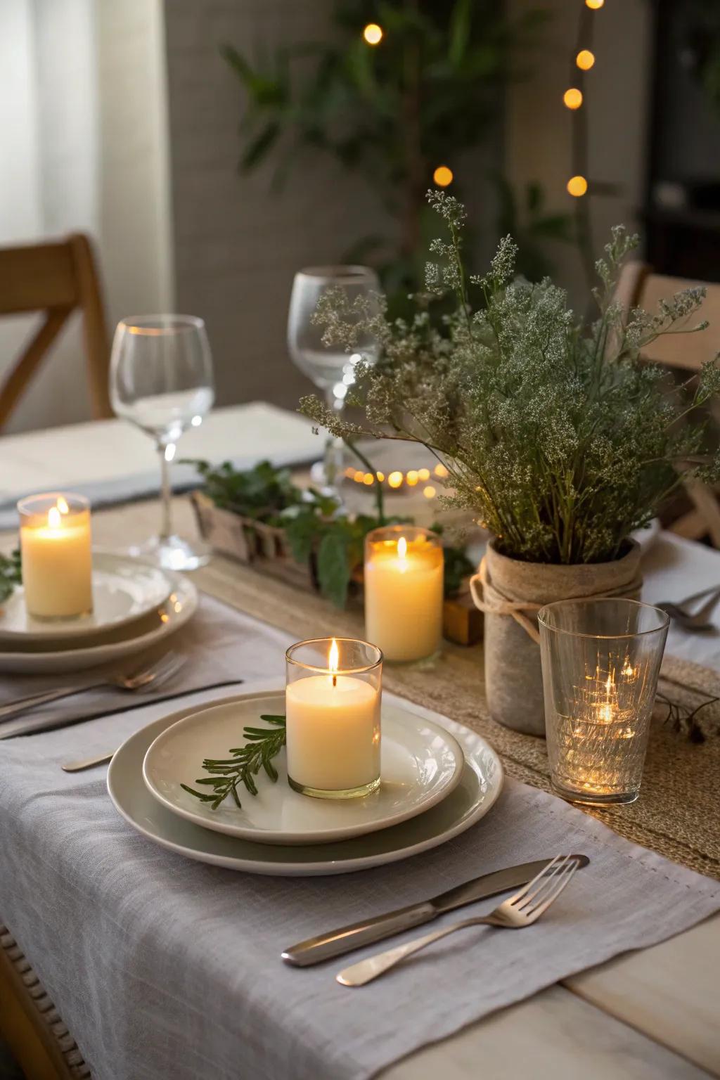 The table is softly illuminated by small votive candles.